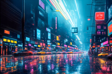 Night city in neon lights. Abstract illustration with large brush strokes - obrazy, fototapety, plakaty