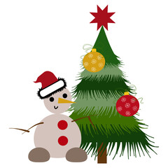 snowman and christmas tree on white background 