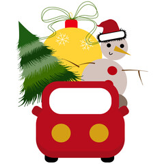 Snowman and christmas tree in the red car, Christmas toy