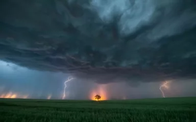 Fotobehang Stormy Skies Illuminate Modern Majesty: Witness the Dazzling Night Skyline Amidst Nature's Fury! Thunderstorm © 47Media