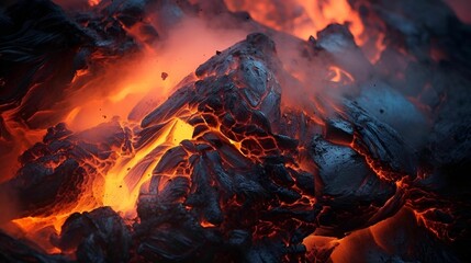 an open lava pit is seen at night with lava pouring - obrazy, fototapety, plakaty