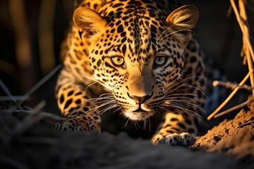 Obraz premium AI generated illustration of A beautiful leopard strides majestically across the sun-dappled rocks