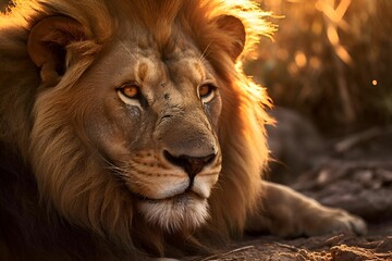 Fototapeta premium AI generated illustration of a majestic lion resting in lush green grass in its natural habitat