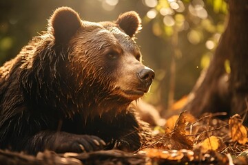 AI generated illustration of A brown bear reclines in a field of grass during a stunning sunset