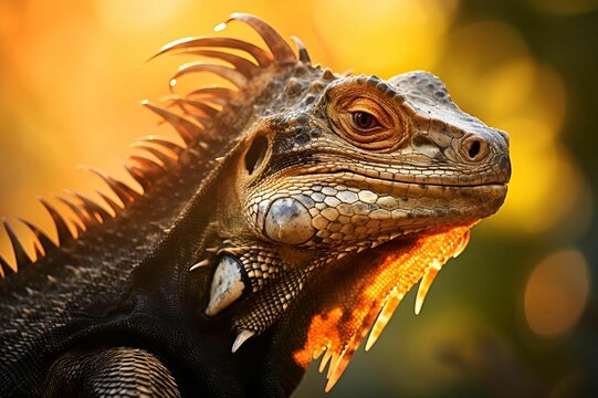 an iguan with long sharp horns is standing in front of a bright light