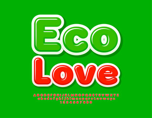 Naklejka premium Vector cute concept Eco Love with Red Alphabet Letters and Numbers set. Bright glossy Font