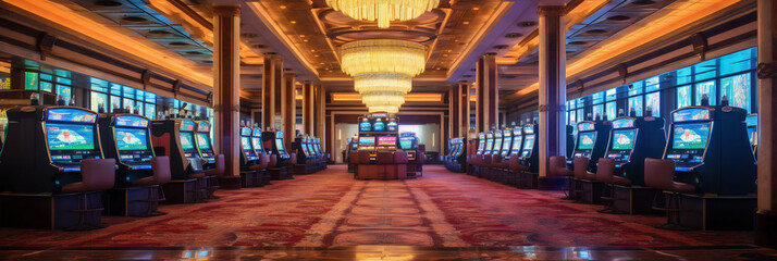 Intérieur d'un casino (poker, blackjack ou roulette), tapis au sol et lumière coloré - obrazy, fototapety, plakaty