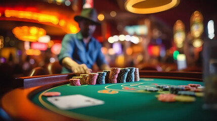 Homme joue à l'intérieur d'un casino (poker, blackjack ou roulette), gros plan sur les jetons et les mains - obrazy, fototapety, plakaty