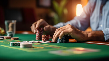 Table de jeu (poker, blackjack ou roulette) à l'intérieur d'un casino, gros plan sur les jetons et les mains - obrazy, fototapety, plakaty