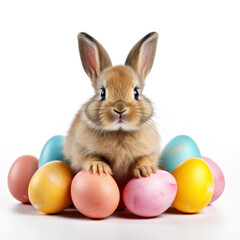 Fototapeta na wymiar Cute fluffy bunny and colored eggs. Easter card, illustration