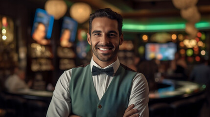 Croupier du casino pose à l'intérieur de l'établissement (machines à sous, poker, black jack et roulette).