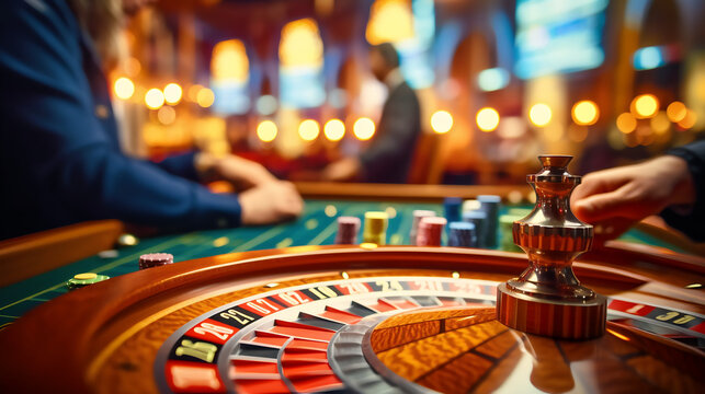 Jeu de la roulette &agrave; l'int&eacute;rieur d'un casino, gros plan sur les jetons et les mains