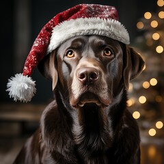 Portrait of a cute dog in a festive New Year's hat. Banner with animals on a holiday theme. Winter scene with garland lights.