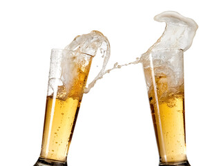 Two beer glasses splash on white background
