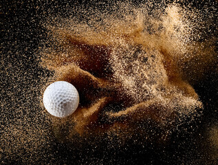 White golf ball flying in dry sand explosion on black background