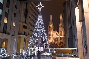 The St. Nicholas Roman Catholic Cathedral in Kiev, Ukraine. Christmas tree on winter evening.