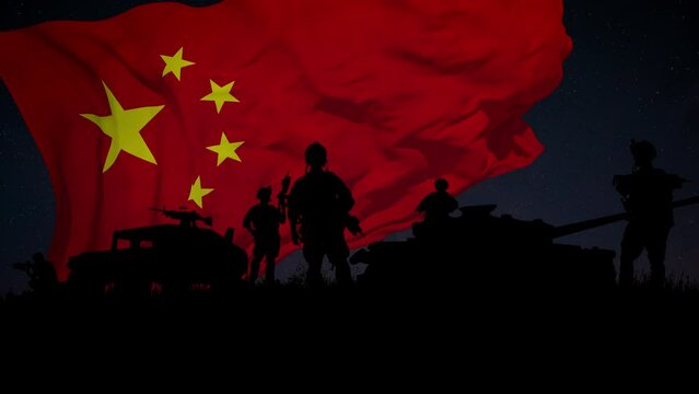 Silhouette of a Group of Soldiers and the China Flag Waving in the Background. Looped.