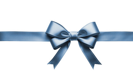 blue gift present ribbon with bow in center, top view, isolated on transparent background, PNG