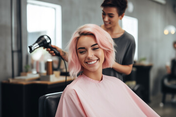 Satisfied and happy female hairdresser doing haircut for a young pinkhaired customer in beauty salon