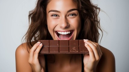 woman eating chocolate - obrazy, fototapety, plakaty