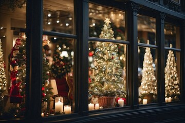 Christmas trees in the store window are festively decorated.
