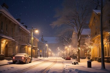 The street and cars are covered with snow, glowing lanterns, falling snow.