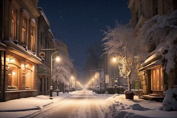 A snow-covered street in a small town, glowing lanterns, falling snow.