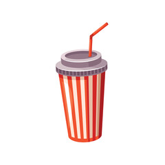 Disposable Cola Cup With Stripes, Lid and Straw, Holds A Fizzy Soda, Effervescing With Delight. Refreshing Beverage