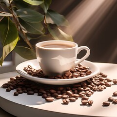 Fototapeta premium Eine Kaffeetasse mit Kaffeebohnen