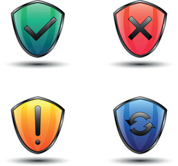 Shield icon, correct and incorrect sign. Attention and updates. In green, blue, yellow, and red colors. Check mark and cross, arrows and exclamation mark on the shield.