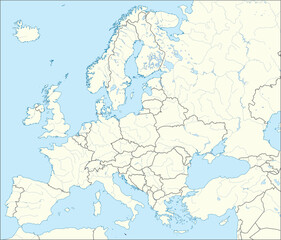 Red CMYK national map of MALTA inside detailed beige blank political map of European continent with rivers and lakes on blue background using Mercator projection