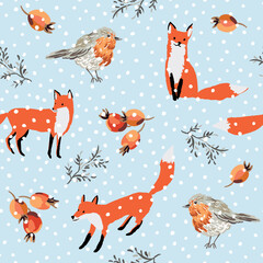 Christmas seamless pattern, fox animals, robin birds, rose hips, twigs, snow, light blue background. Vector illustration. Nature design. Season greeting. Winter holidays