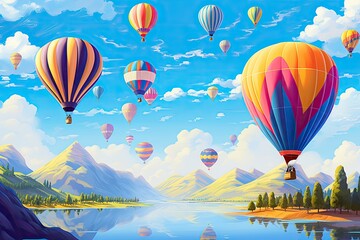 Obraz premium Colorful Hot Air Balloon Soaring in the Sky over Mountain Landscape