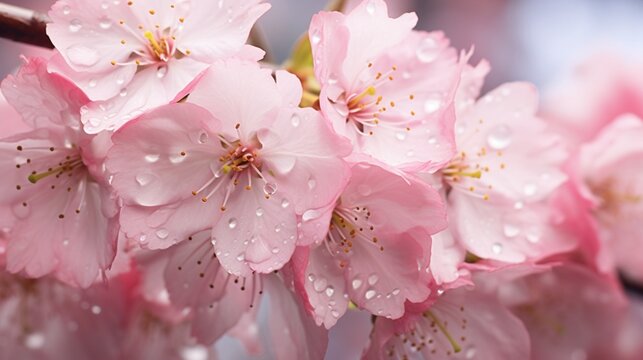 A close-up of raindrops on the delicate petals of a blossoming cherry tree.