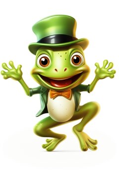 A cartoon frog wearing a top hat and bow tie