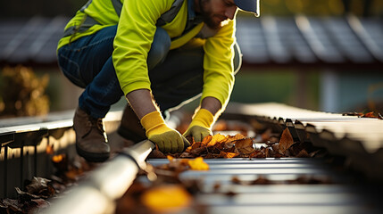 Workers on the roof of a building with yellow leaves in autumn
