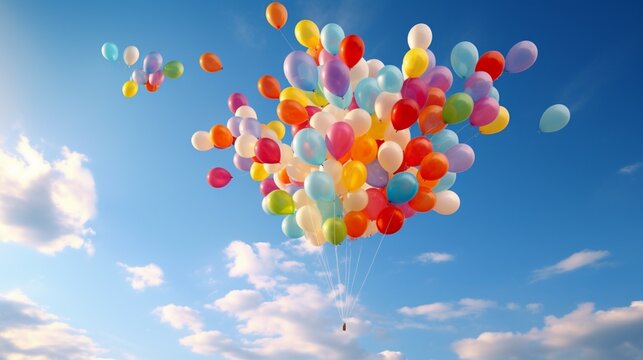A cluster of colorful balloons released into the sky, celebrating the birth of a child.