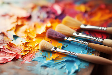 Fototapeta premium Paint brushes and palette of colors on wooden table, closeup 