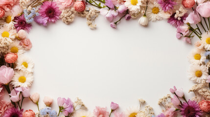 Beautiful flowers on white background. Flat lay, top view
