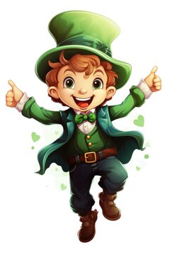 A cartoon lepreti boy in a green hat and green coat