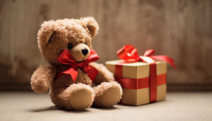 Teddy bear and gift box on wooden background. Christmal day concept, Valentines day concept
