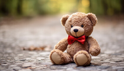 Teddy bear with red bow tie sitting on the ground in the park

