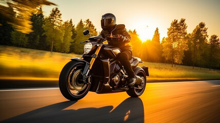 Motorcycle rider riding on the road in the sunset. 