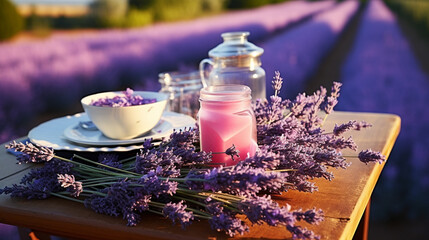 Romantic dinner in lavender field with burning candles in evening light
