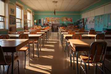 Interior of an empty school classroom with rows of chairs and desks
