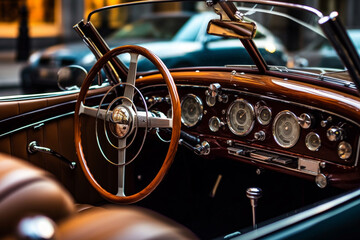 Vintage car interior with steering wheel and dashboard, retro car background 