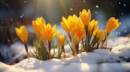 Beautiful crocus flowers in the snow. First spring flowers