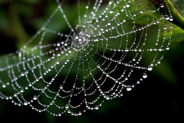 Spider web with dew drops on a green background. Shallow depth of field