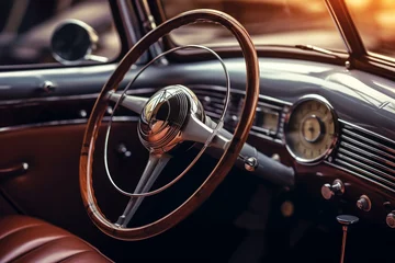 Fototapeten Vintage car interior with steering wheel and dashboard, retro car background  © MFlex