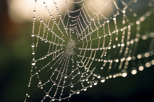 Spider web with dew drops on a green background. Shallow depth of field
